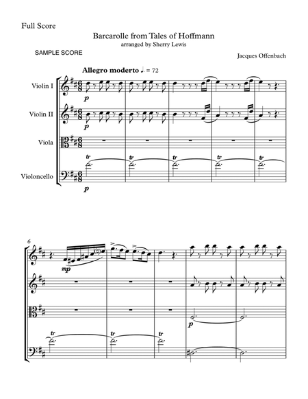 BARCAROLLE from Tales From Hoffmann, String Quartet, Intermediate Level for 2 violins, viola and cel image number null