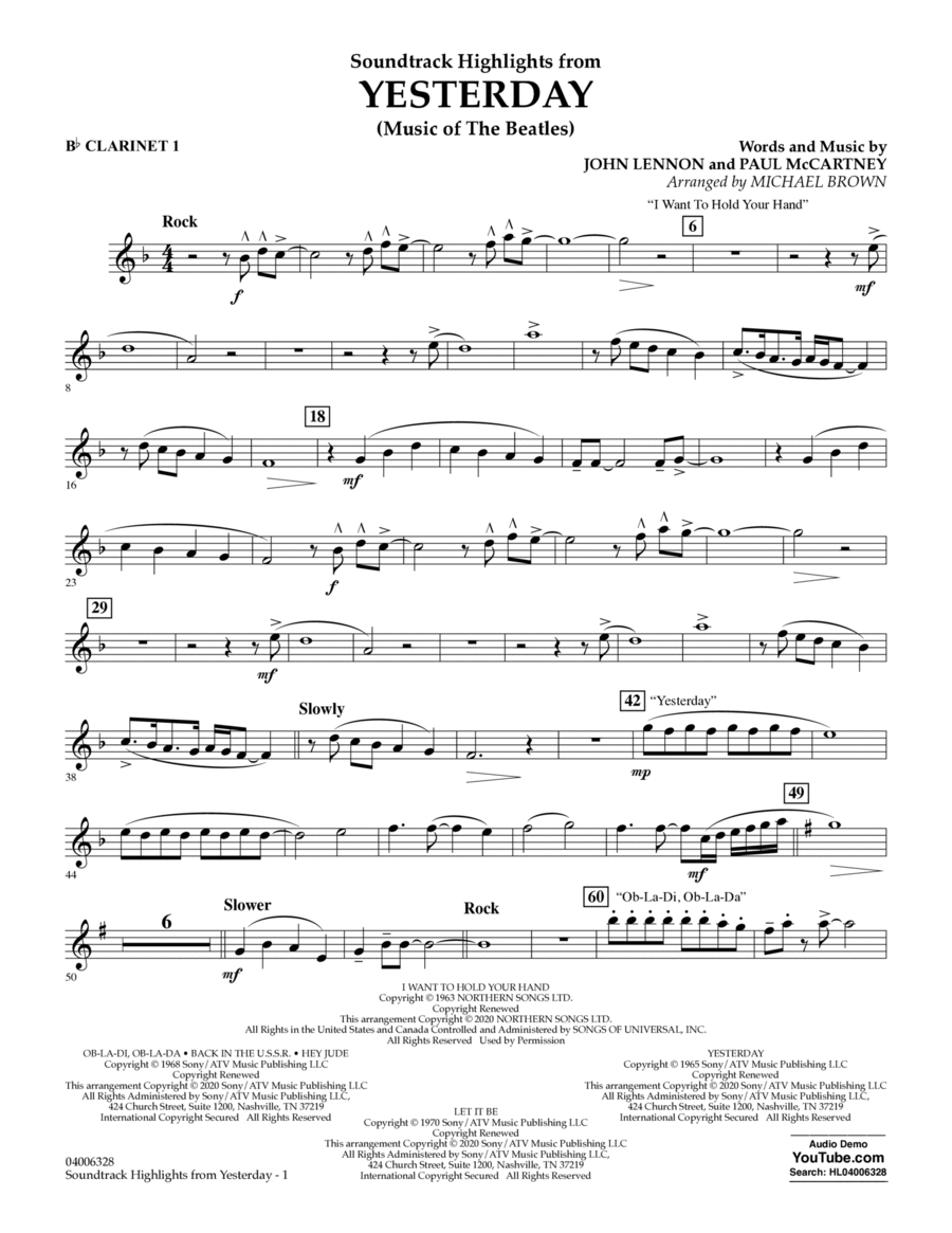 Highlights from Yesterday (Music Of The Beatles) (arr. Michael Brown) - Bb Clarinet 1
