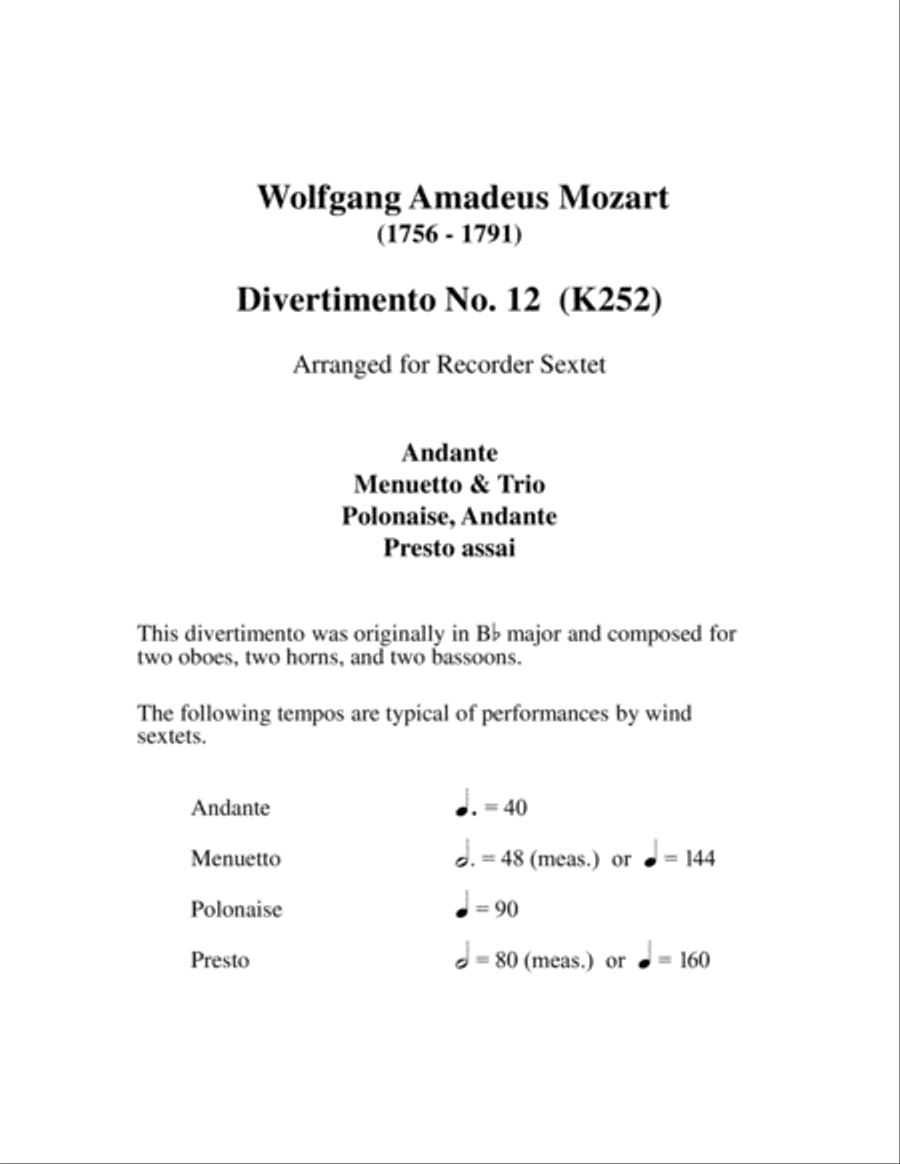 Mozart Divertimento #12 for Recorder Sextet image number null