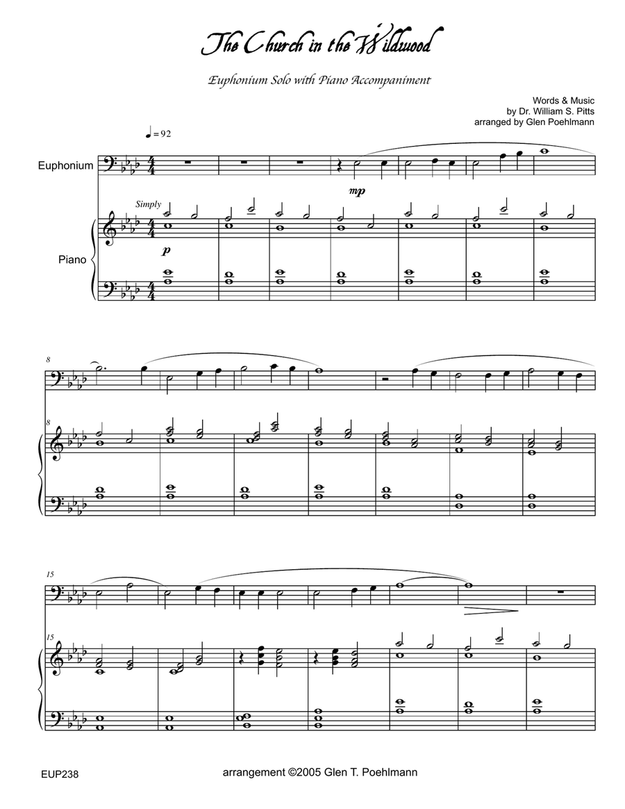 THE CHURCH IN THE WILDWOOD - EUPHONIUM (Trombone) SOLO with Piano Accompaniment Brass Duet scores gallery preview page 1