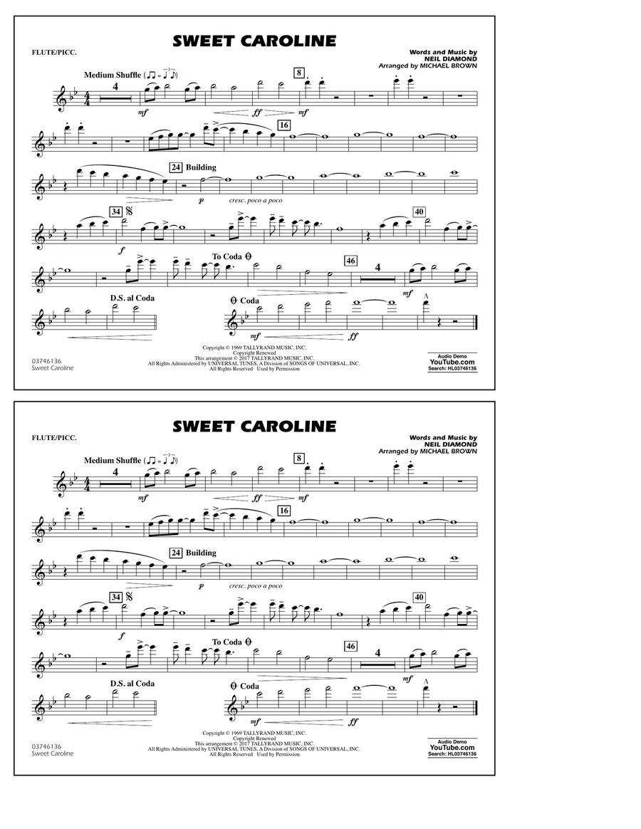 Sweet Caroline - Flute/Piccolo Marching Band scores gallery preview page 1
