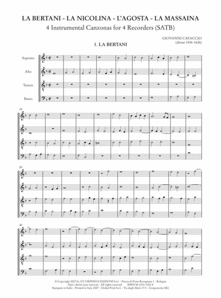 La Bertani - La Nicolina - L’Agosta - La Massaina. 4 Instrumental Canzonas for 4 Recorders (SATB)