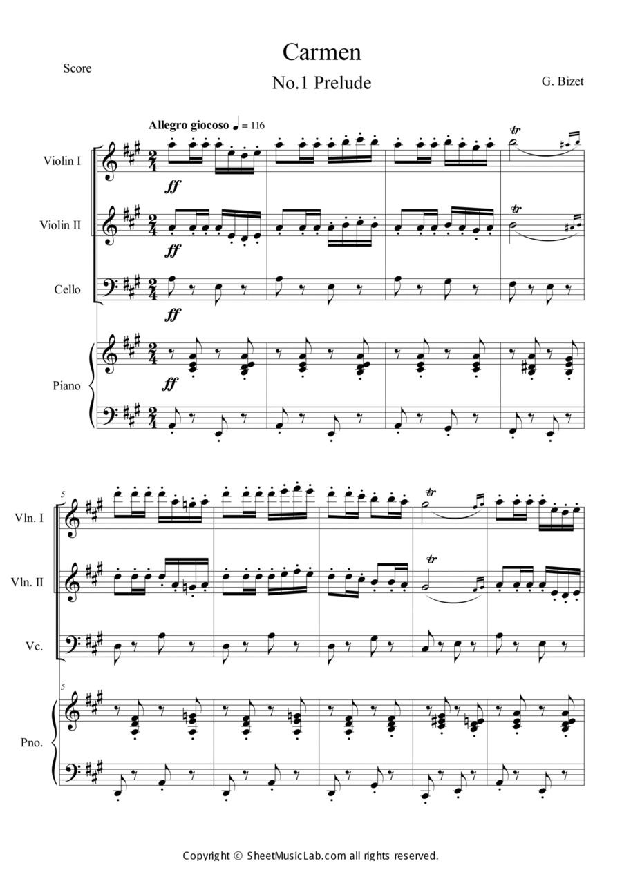 Carmen No.1 Prelude Piano Quartet scores gallery preview page 1