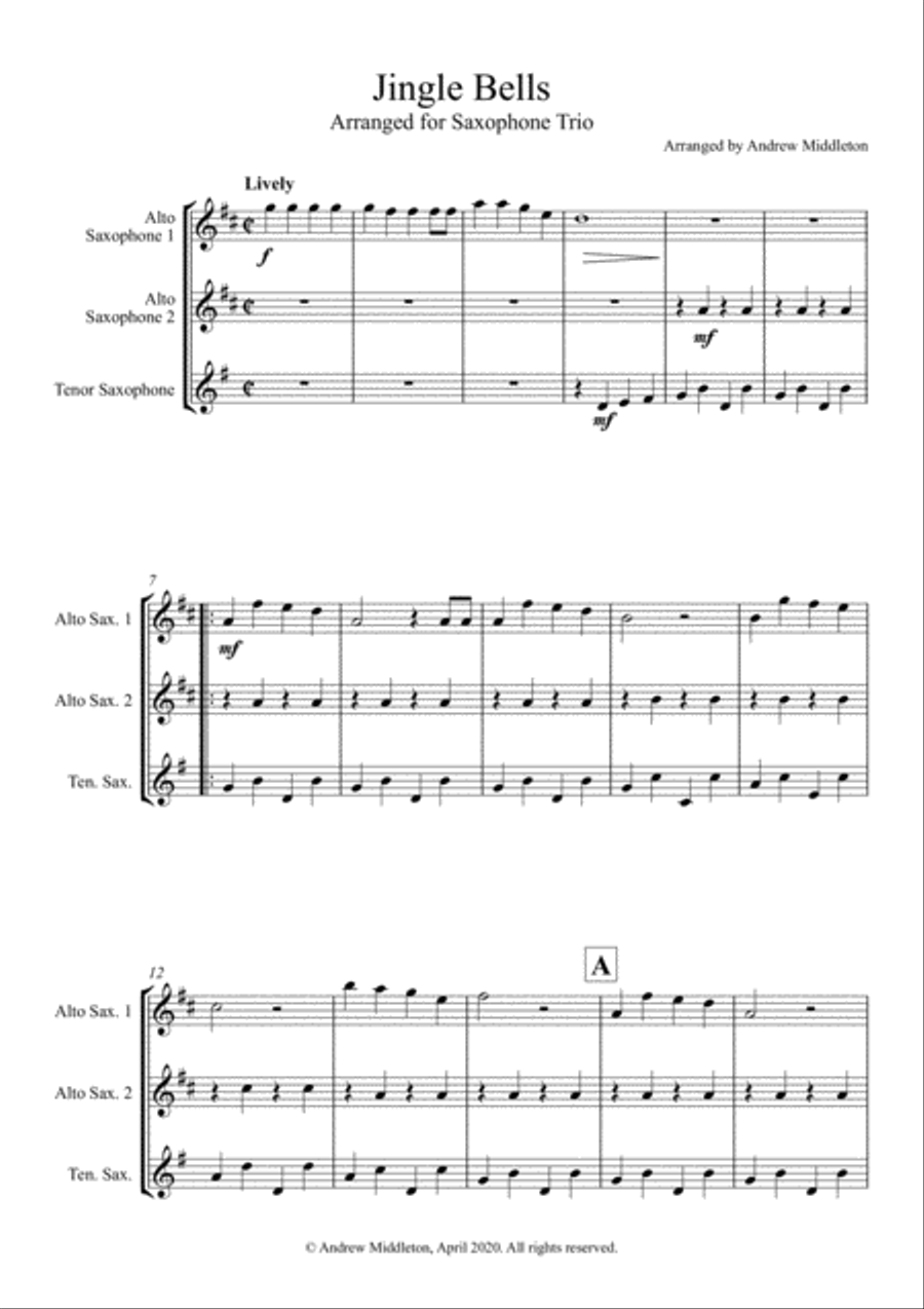 Jingle Bells arranged for AAT Saxophone Trio Woodwind Trio scores gallery preview page 3