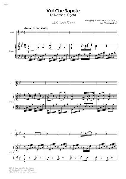 Voi Che Sapete from Le Nozze di Figaro - Violin and Piano (Full Score) image number null