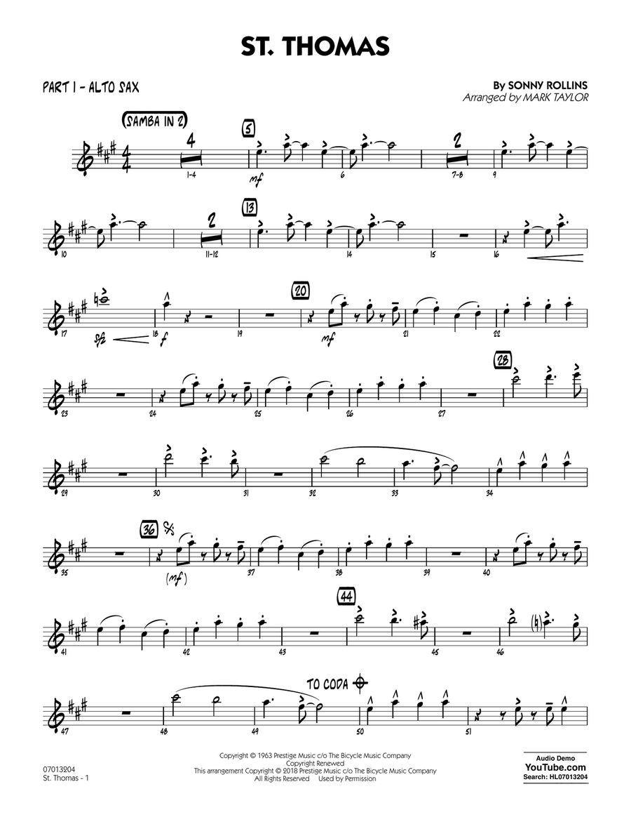 St. Thomas (arr. Mark Taylor) - Part 1 - Alto Sax Jazz Ensemble scores gallery preview page 1