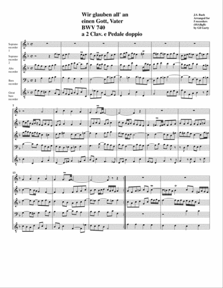 Wir glauben all' an einen Gott, Vater BWV 740 a 2 Clav. e Pedale doppio (arrangement for 5 recorde Recorder scores gallery preview page 1