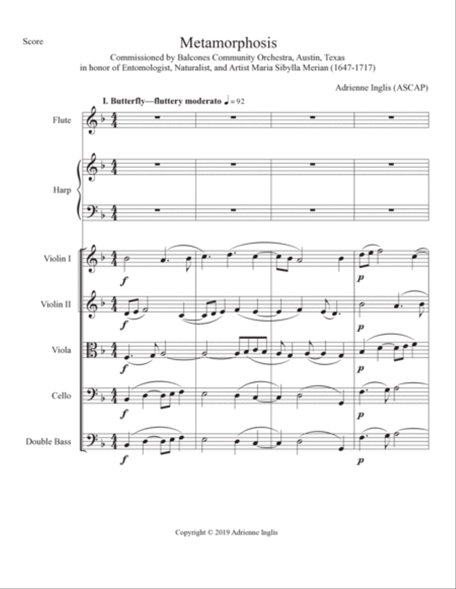 Metamorphosis for solo flute, solo pedal or lever harp, and strings Chamber Orchestra scores gallery preview page 3