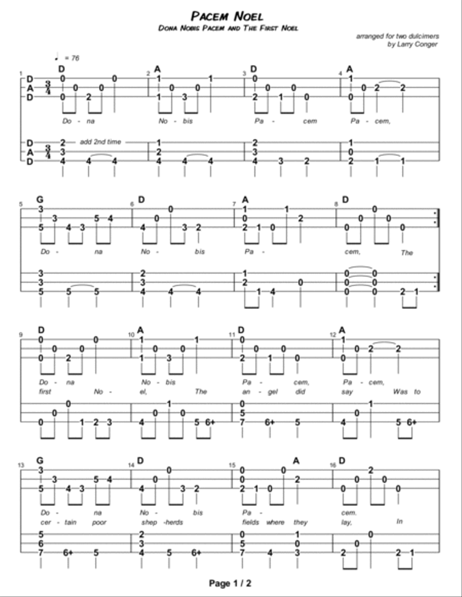 Pacem Noel (duet) Dulcimer scores gallery preview page 2