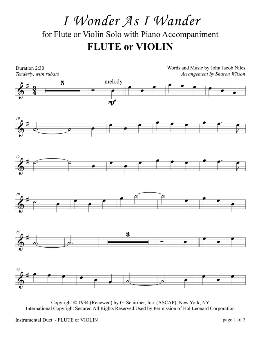 I Wonder As I Wander Violin Solo scores gallery preview page 1