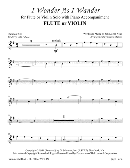 I Wonder As I Wander by John Jacob Niles Violin Solo - Digital Sheet Music