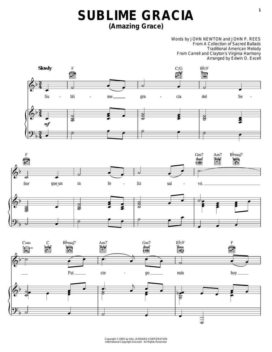 Sublime Gracia (Amazing Grace) Piano, Vocal, Guitar scores gallery preview page 1