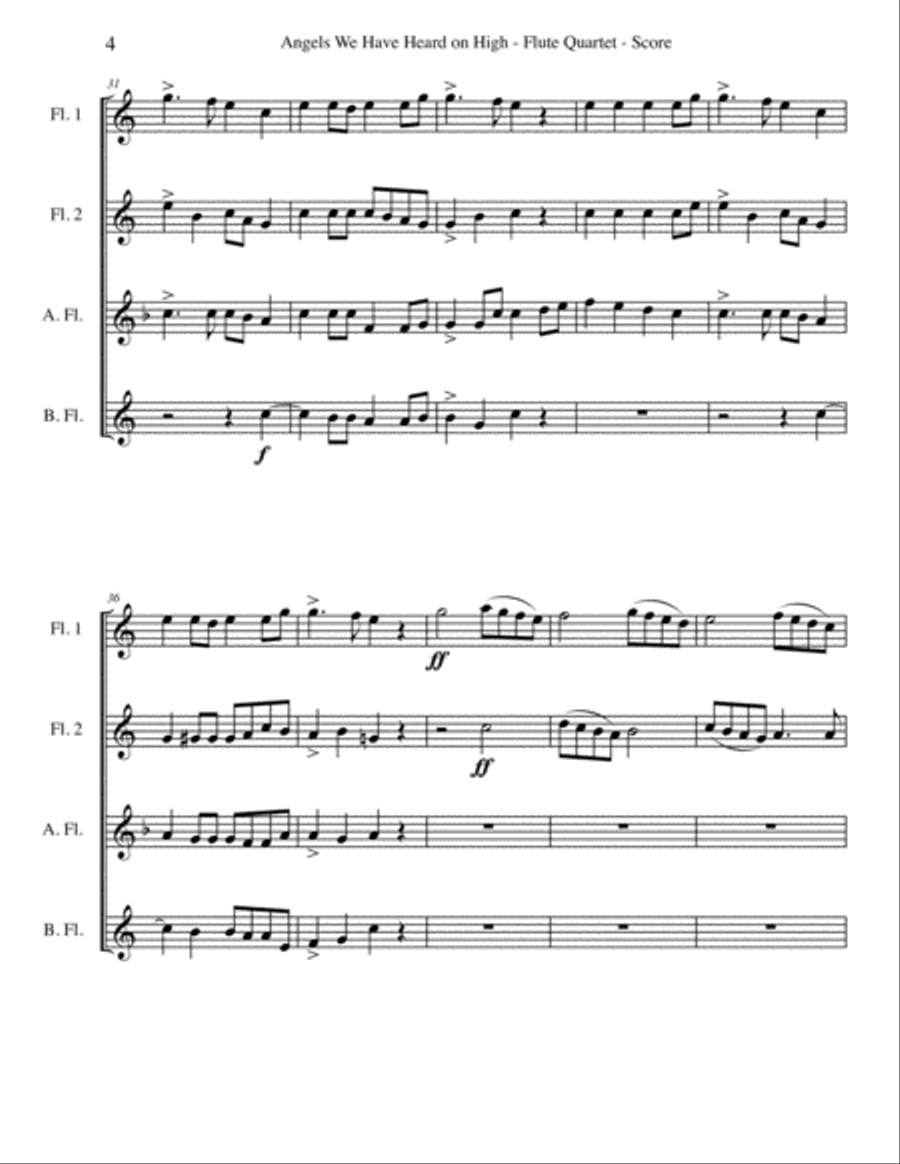 Angels We Have Heard on High for Flute Quartet Flute Quartet scores gallery preview page 4
