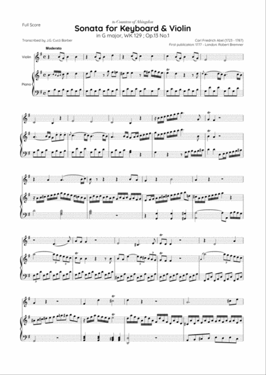 Abel - 6 Sonatas for Keyboard and Violin, Op.13 ; WK 129-134 String Duet scores gallery preview page 2