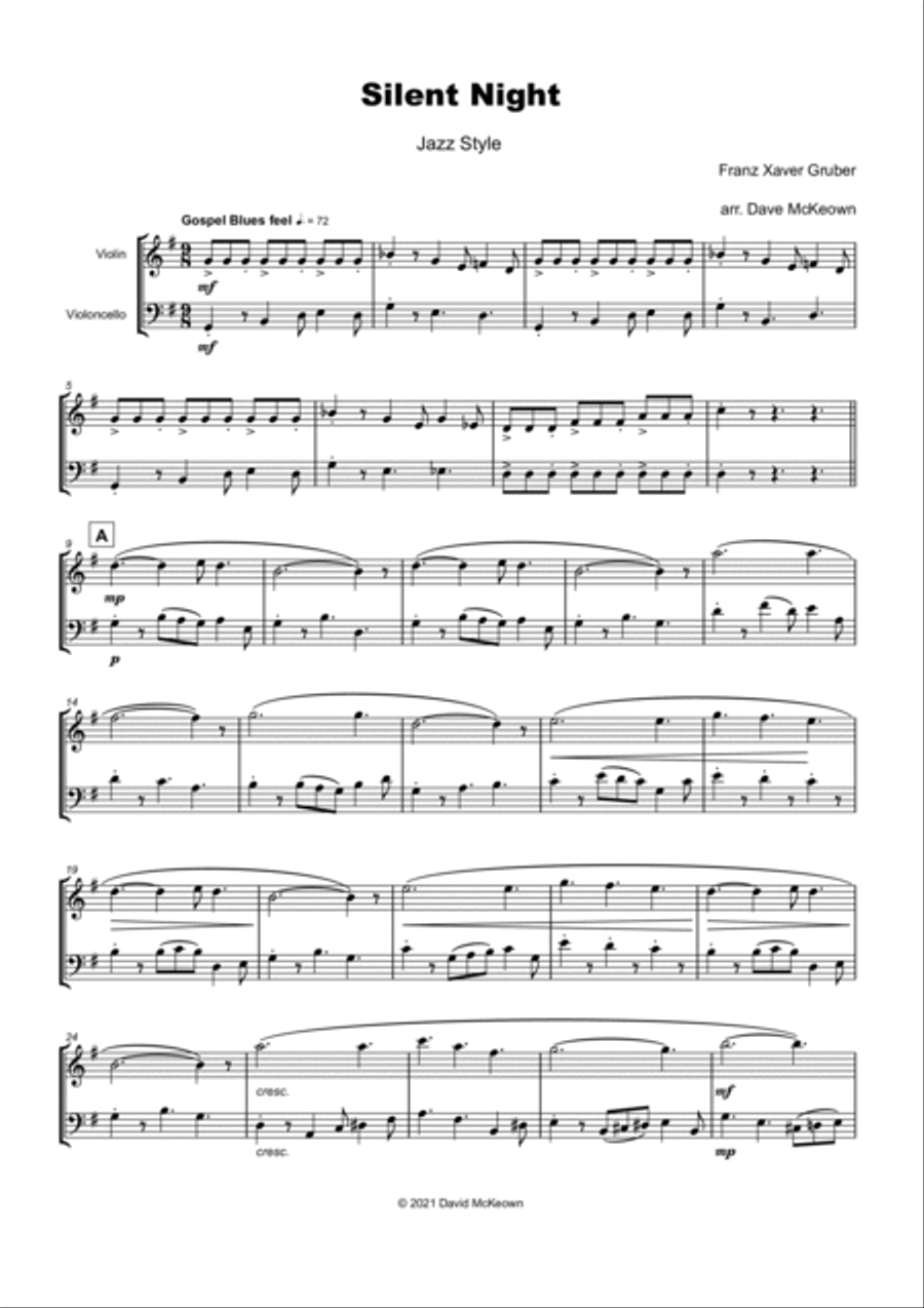 Silent Night, Gospel Style, for Violin and Cello Duet String Duet scores gallery preview page 2