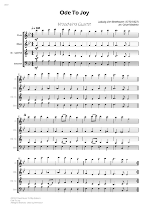 Ode To Joy - Easy Woodwind Quartet (Full Score) - Score Only