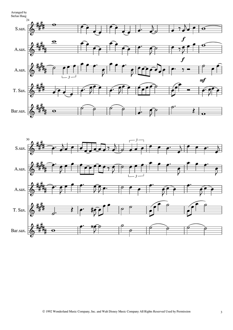 A Whole New World Saxophone Quartet scores gallery preview page 3