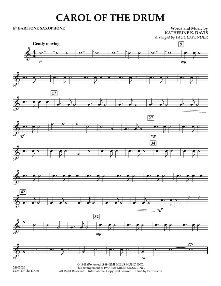 Carol of the Drum - Eb Baritone Saxophone Concert Band scores gallery preview page 1