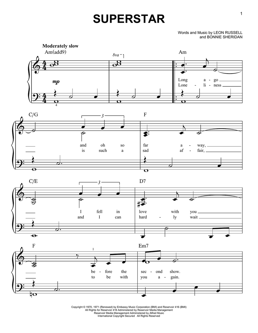 Superstar by The Carpenters Easy Piano - Digital Sheet Music