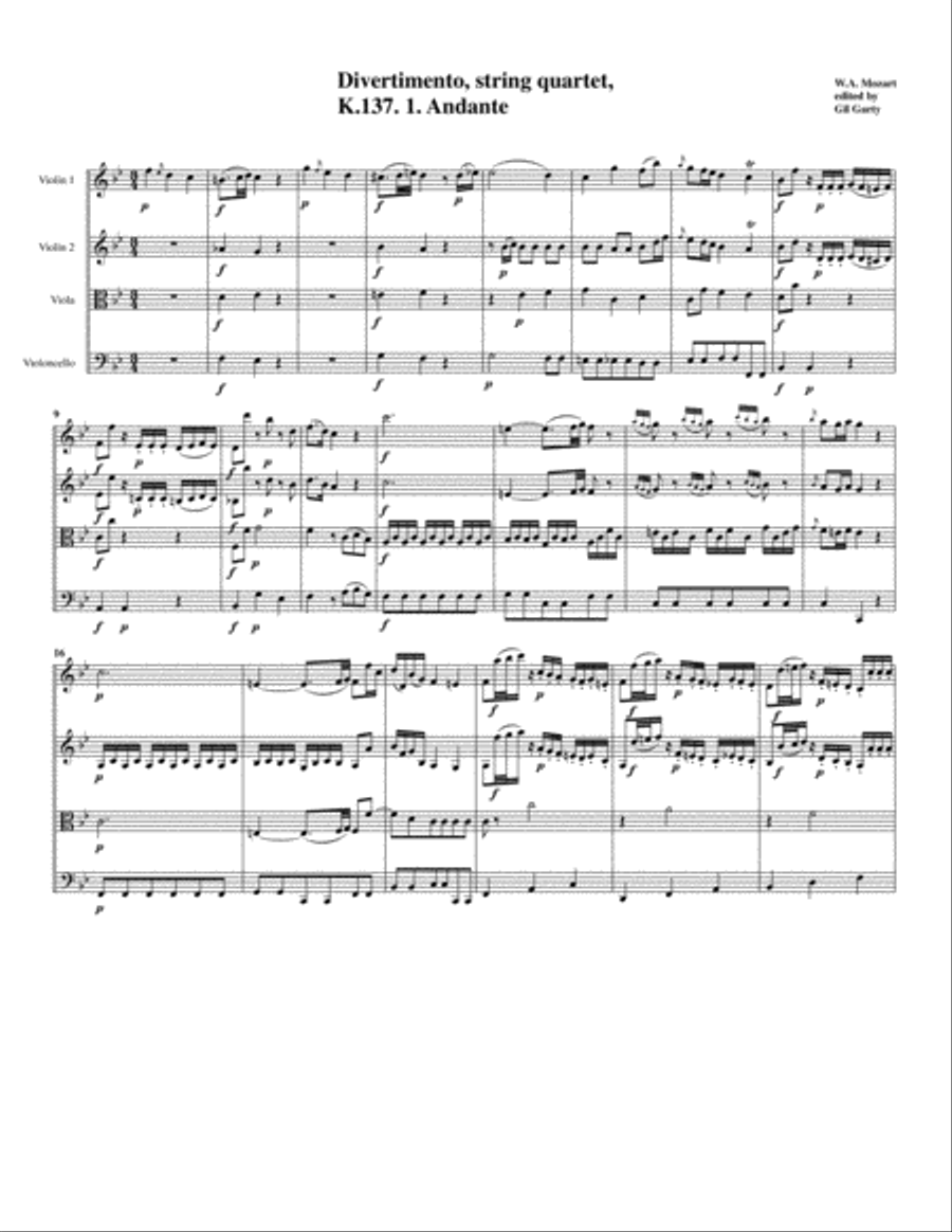 Divertimento, K.137 (original version for string quartet) Small Ensemble scores gallery preview page 1
