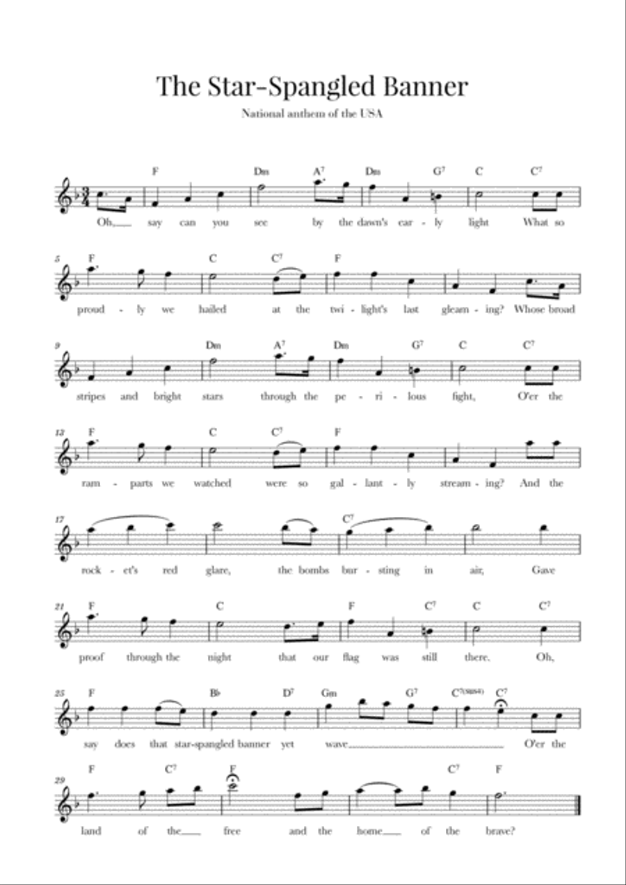 The Star Spangled Banner (National Anthem of the USA) - with lyrics - F Major Small Ensemble scores gallery preview page 1