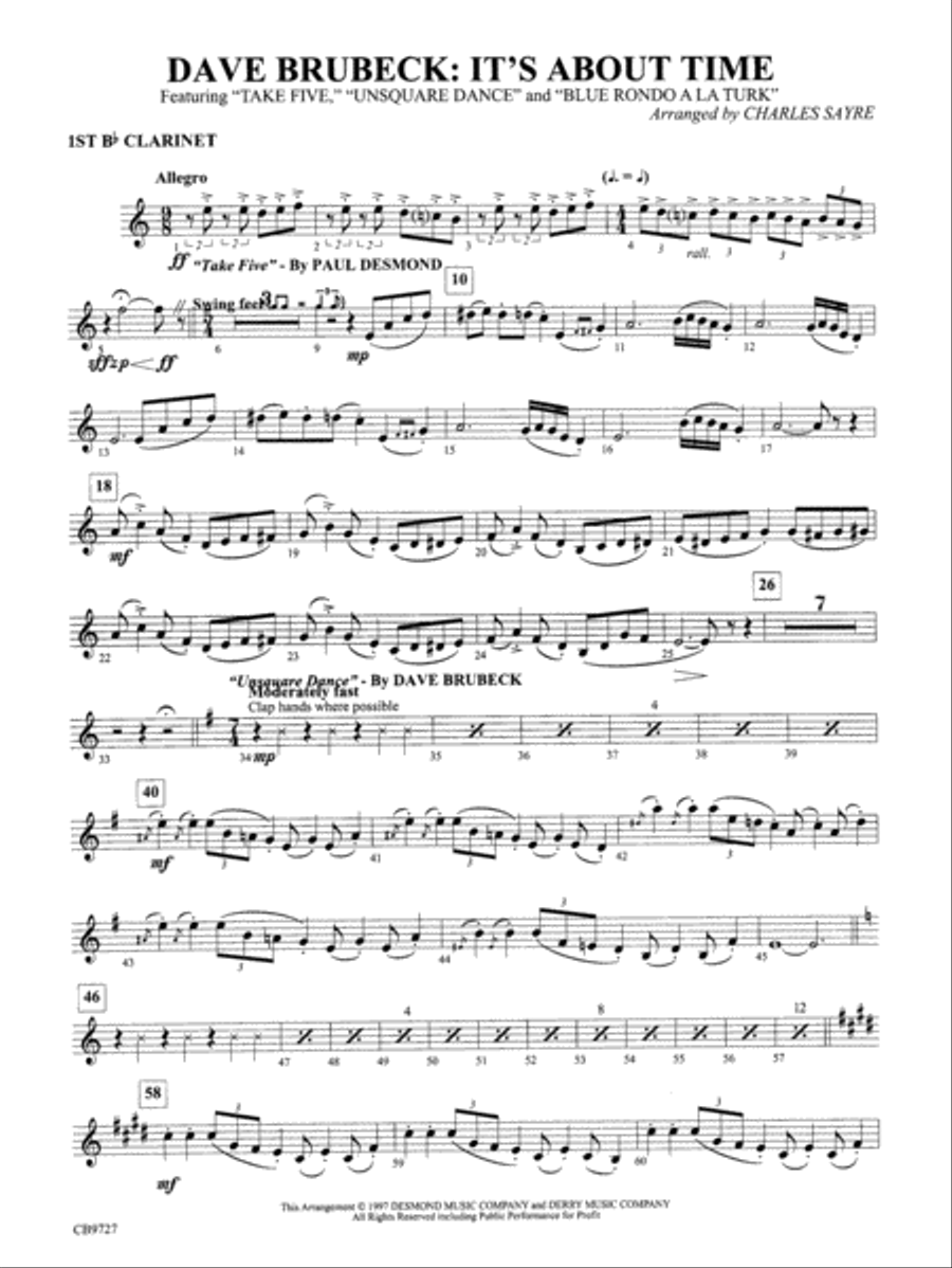 Dave Brubeck: It's About Time: 1st B-flat Clarinet Concert Band scores gallery preview page 1