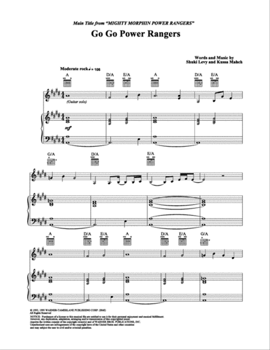 Go Go Power Rangers Piano, Vocal, Guitar scores gallery preview page 1