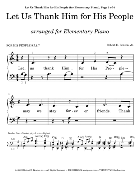 Let Us Thank Him for His People (arranged for Elementary Piano) image number null