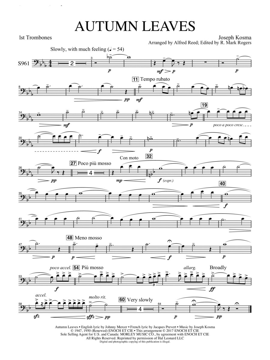Autumn Leaves (Les feuilles mortes) - Trombone 1 Concert Band scores gallery preview page 1