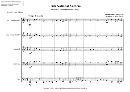 Irish National Anthem ( Amhrán na bhFiann) for Brass Quintet (MFAO World National Anthem Series) image number null