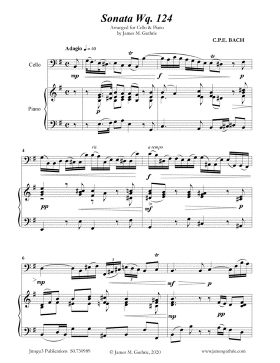 CPE BACH: Sonata in E Minor WQ124 for Cello & Piano image number null