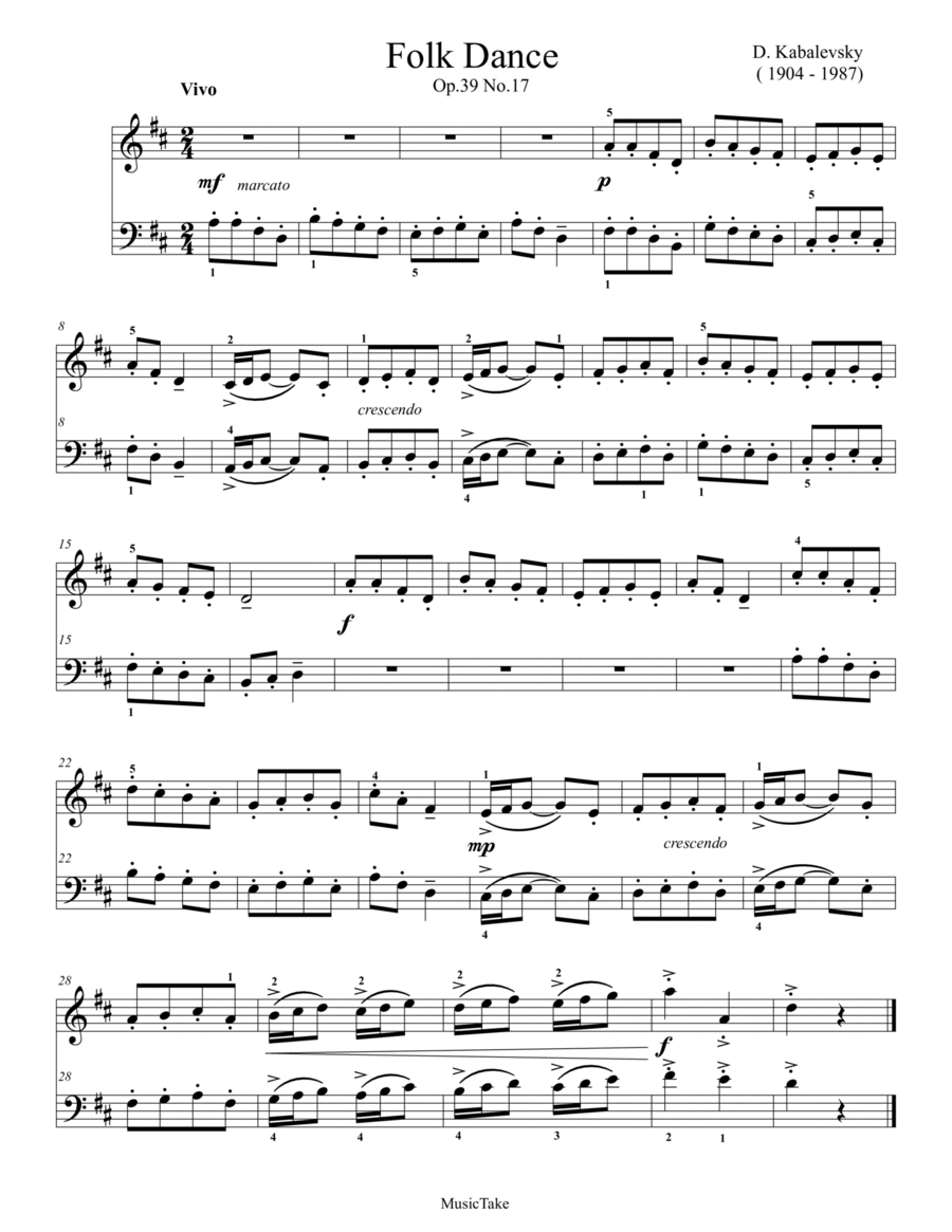 Kabalevsky Folk Dance Op.39 No.17 Easy Piano scores gallery preview page 1