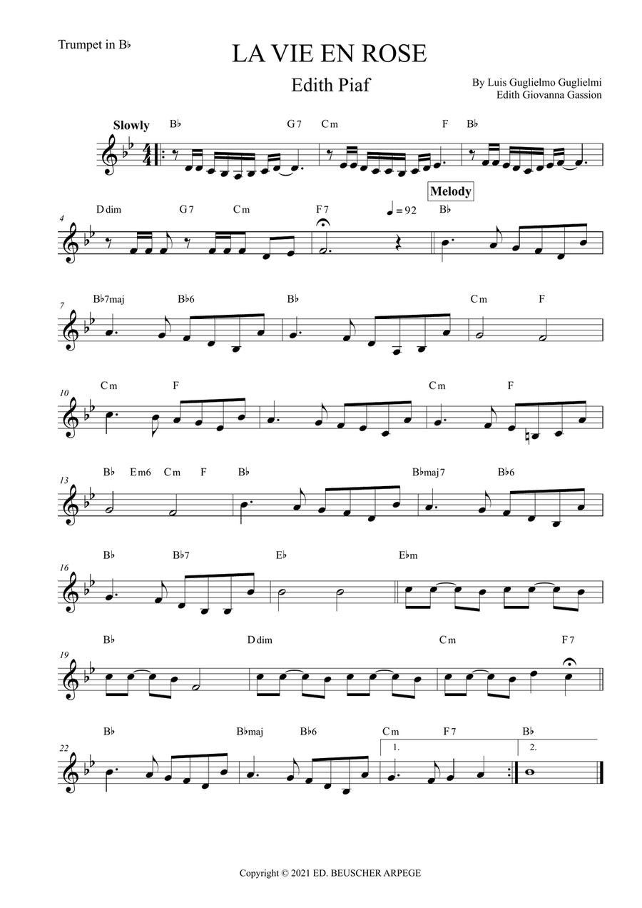 La Vie En Rose (elena Urioste And Tom Poster Version) B-Flat Trumpet scores gallery preview page 1