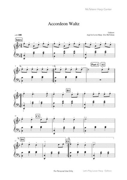 Accordeon Waltz - Argt by Eve Mctelenn - Sheet tune with fingerings- image number null
