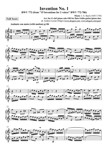 Bach (J.S.) - Invention No. 1 BWV 772 (from "15 Inventions for 2 voices" BWV 772-786) Arr. for G-cle image number null