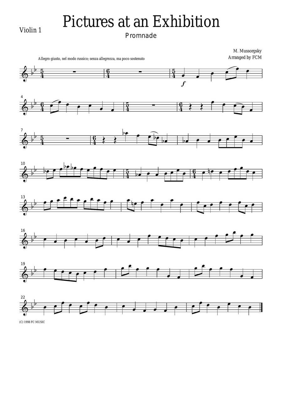 Mussorgsky Promenade from Pictures at an Exhibition, for string quartet, CM101 String Quartet scores gallery preview page 1