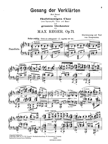 Gesang der Verklarten (Karl Busse). Fur funfstimmigen Chor (2 Soprane, Alt, Tenor und Bass) und grosses Orchester. Op.71.