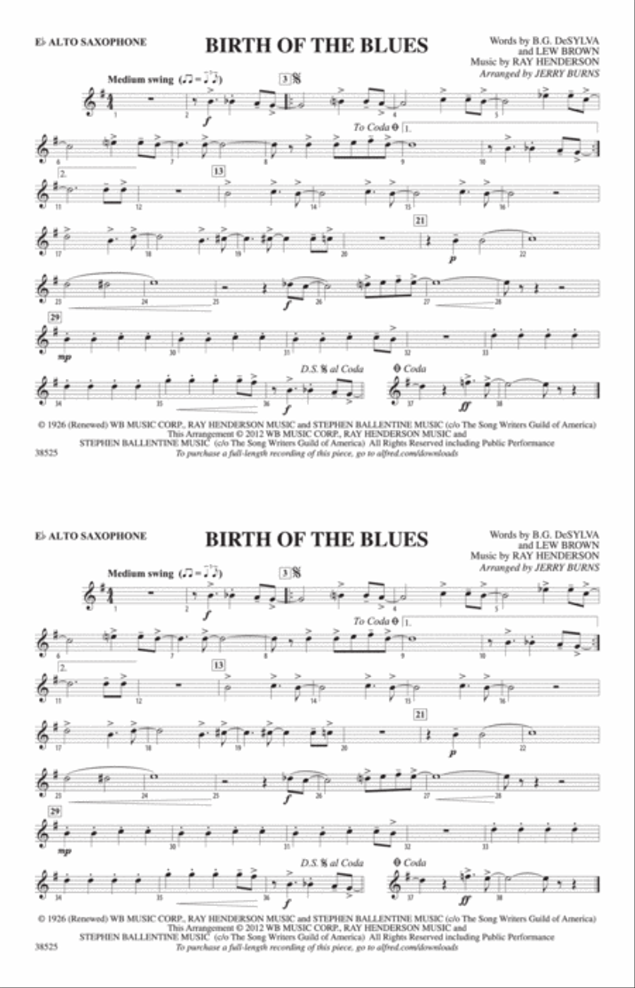 Birth of the Blues: E-flat Alto Saxophone Marching Band scores gallery preview page 1