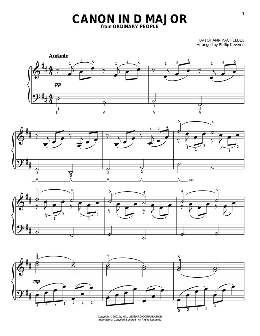 Canon In D (arr. Phillip Keveren) Easy Piano scores gallery preview page 1