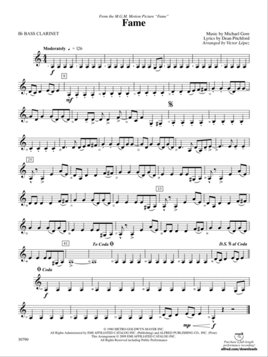 Fame (from the motion picture Fame): B-flat Bass Clarinet Concert Band scores gallery preview page 1