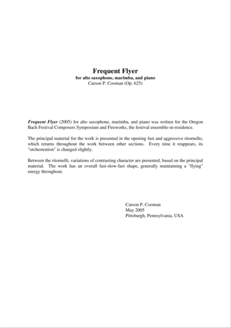 Carson Cooman: Frequent Flyer (2005) for alto saxophone, marimba, and piano Small Ensemble scores gallery preview page 1