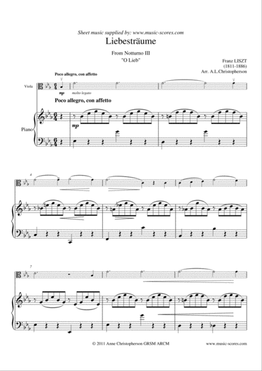 Liebestraume No.3 - Notturno No.3 - Viola and Piano Piano scores gallery preview page 1