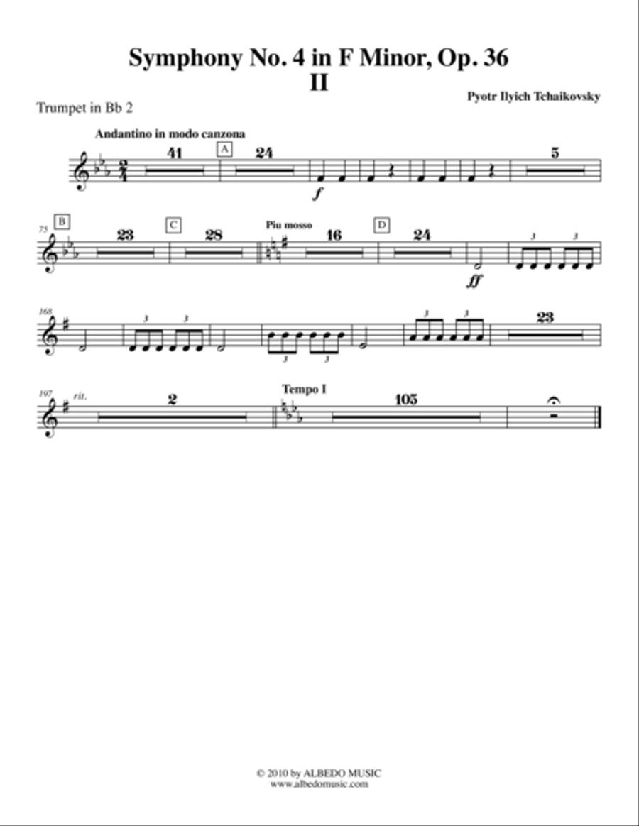 ‪Tchaikovsky‬ Symphony No. 4, Movement II - Trumpet in Bb 2 (Transposed Part), Op. 36 B-Flat Trumpet scores gallery preview page 1