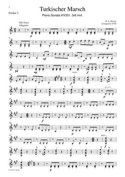 Mozart Turkischer March (Piano Sonata KV331, 3rd mvt.), for string quartet, CM011 image number null
