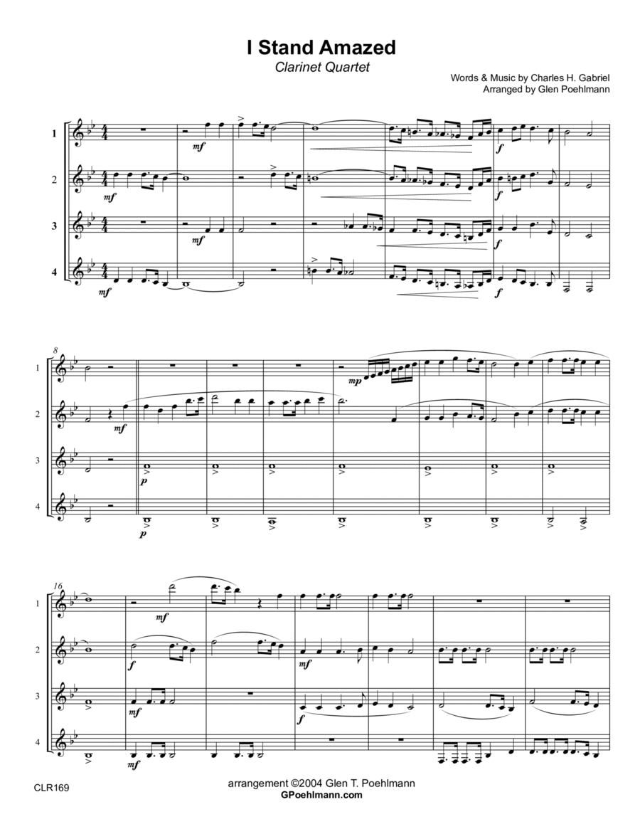 I STAND AMAZED - CLARINET QUARTET - SSSS or SSSB (unaccompanied) Clarinet Quartet scores gallery preview page 1