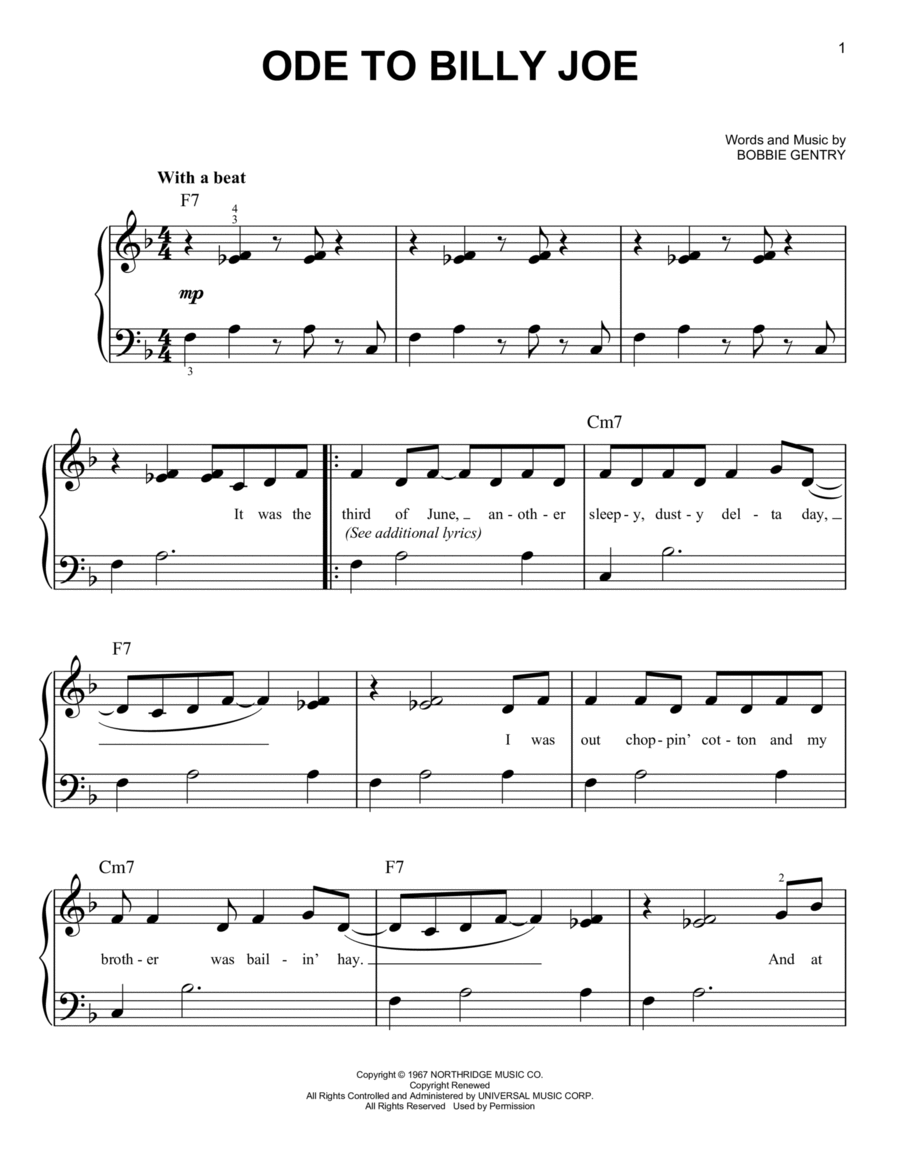 Ode To Billy Joe Easy Piano scores gallery preview page 1