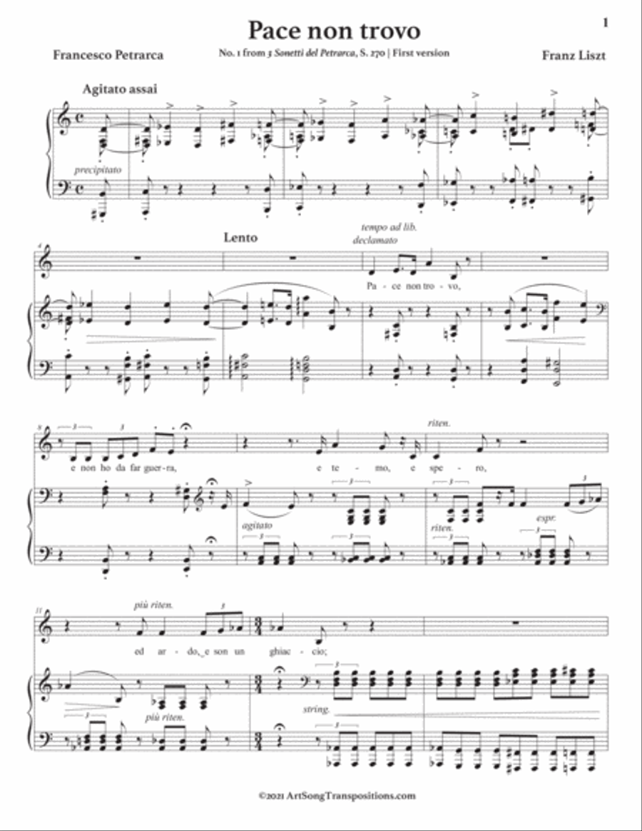 LISZT: Pace non trovo, S. 270 (first version, transposed to C major) Voice scores gallery preview page 2
