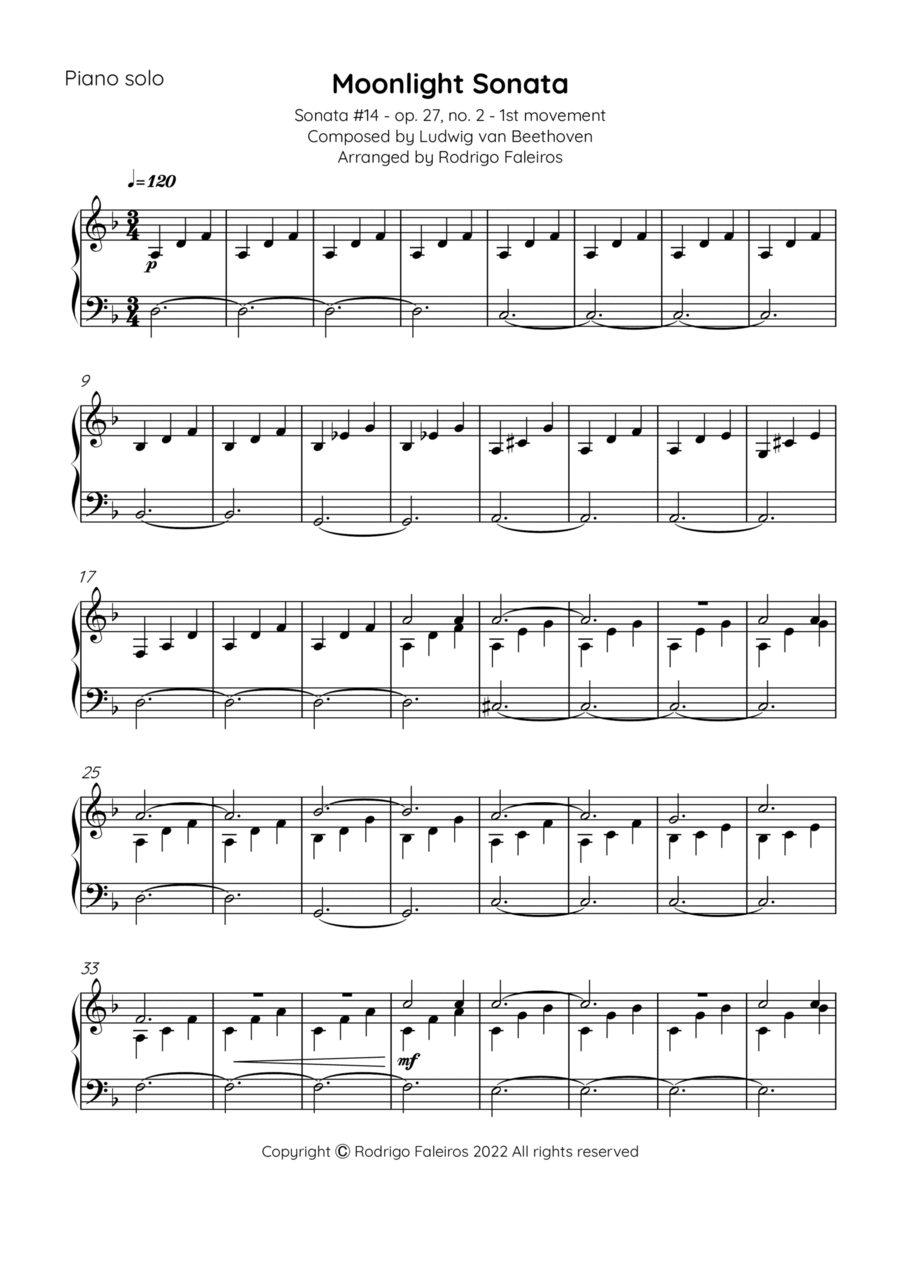 Moonlight Sonata Easy Piano scores gallery preview page 1