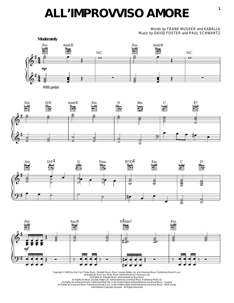 All 'Improvviso Amore Piano, Vocal, Guitar scores gallery preview page 1