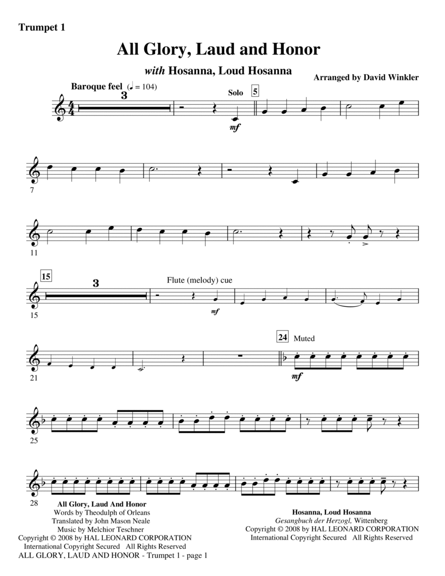 All Glory, Laud, And Honor (with Hosanna, Loud Hosanna) - Bb Trumpet 1 B-Flat Trumpet scores gallery preview page 1